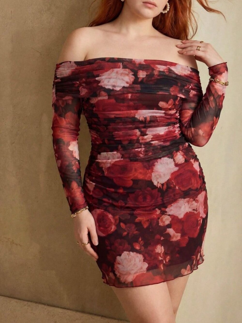 Red Floral Mesh Off Shoulder Ruched Bodycon Mini Dress